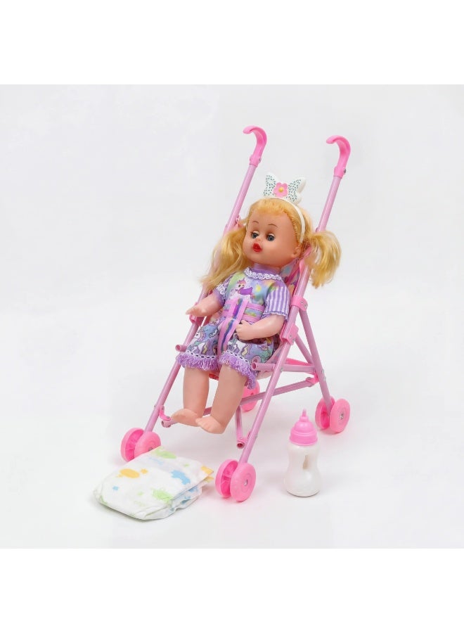 Baby Doll Stroller Playset with Accessories – Foldable Toy Buggy, Feeding Bottle & Diaper – Realistic Pretend Play Gift for Kids & Toddlers - Image 2